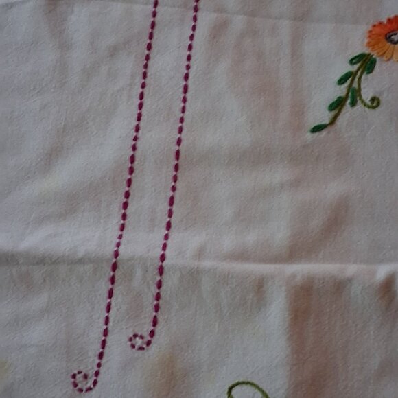 Vintage 1950s Hand Embroidered Easter Basket Tablecloth 72x53 w/ Crochet Trim - Picture 16 of 16